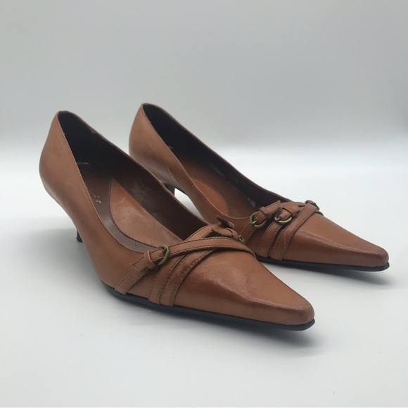 Dolci Pointed Brown Toe Leather Buckle Strap Stiletto Pump Kitten Heel Shoe Sz 4 - Picture 1 of 14